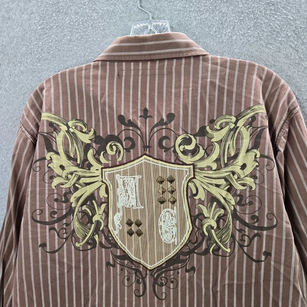 Carbon Black Men‎ Button Up Shirt Large Brown Striped Y2K Grunge Crest Studded